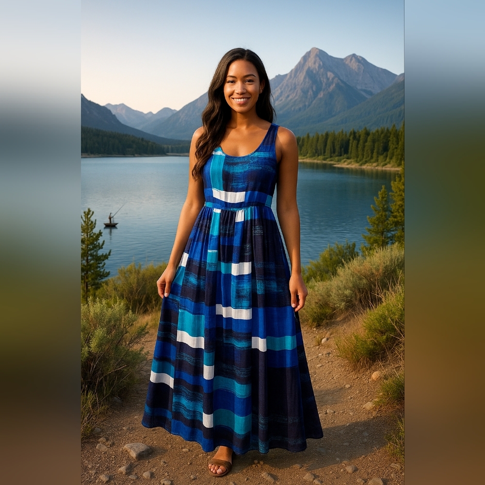 Ann Taylor Blue Plaid Maxi Dress, Size 12
